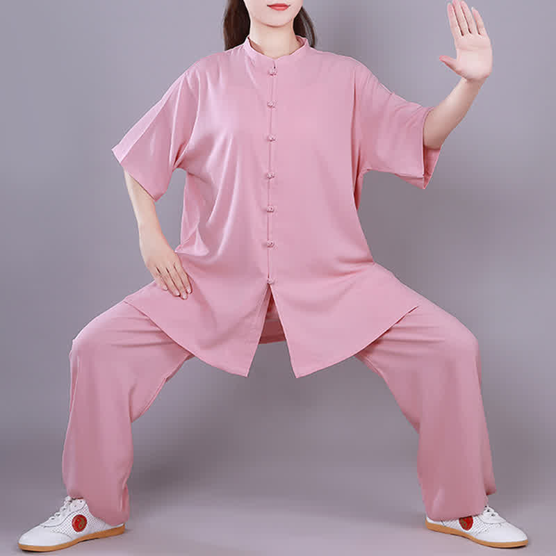 Tai Chi Qigong Meditation Prayer Spiritual Zen Practice Unisex Cotton Linen Clothing Set - Pink - Short Sleeve - US14，UK/AU18，EU46 (3XL)  - image 9