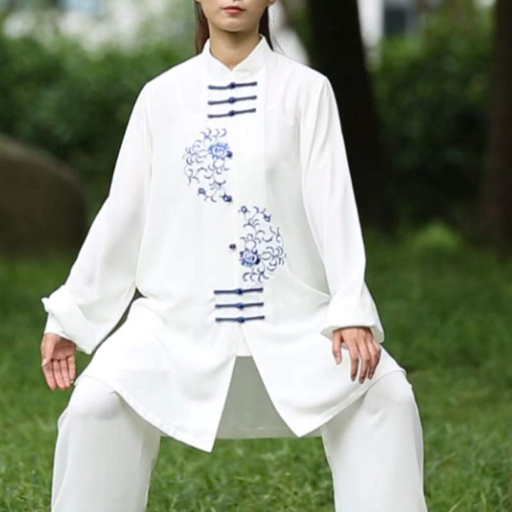 Buddha Stones Flower Embroidery Meditation Prayer Spiritual Zen Tai Chi Qigong Practice Unisex Clothing Set