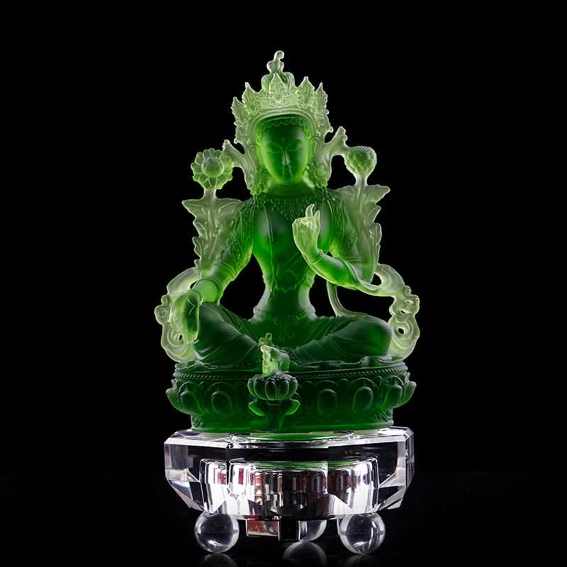 Bodhisattva Green Tara Handmade Liuli Crystal Art Piece Protection Home Office Statue Decoration