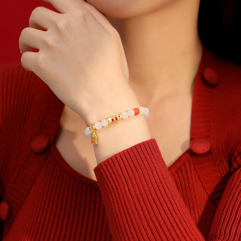 Buddha Stones 925 Sterling Silver Hetian White Jade Red Agate Koi Fish Luck Happiness Bracelet - image 2