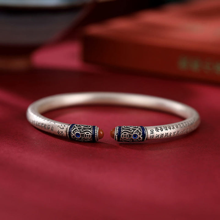 Buddha Stones 999 Sterling Silver Heart Sutra Engraved Red Agate Protection Bracelet Bangle - image 4