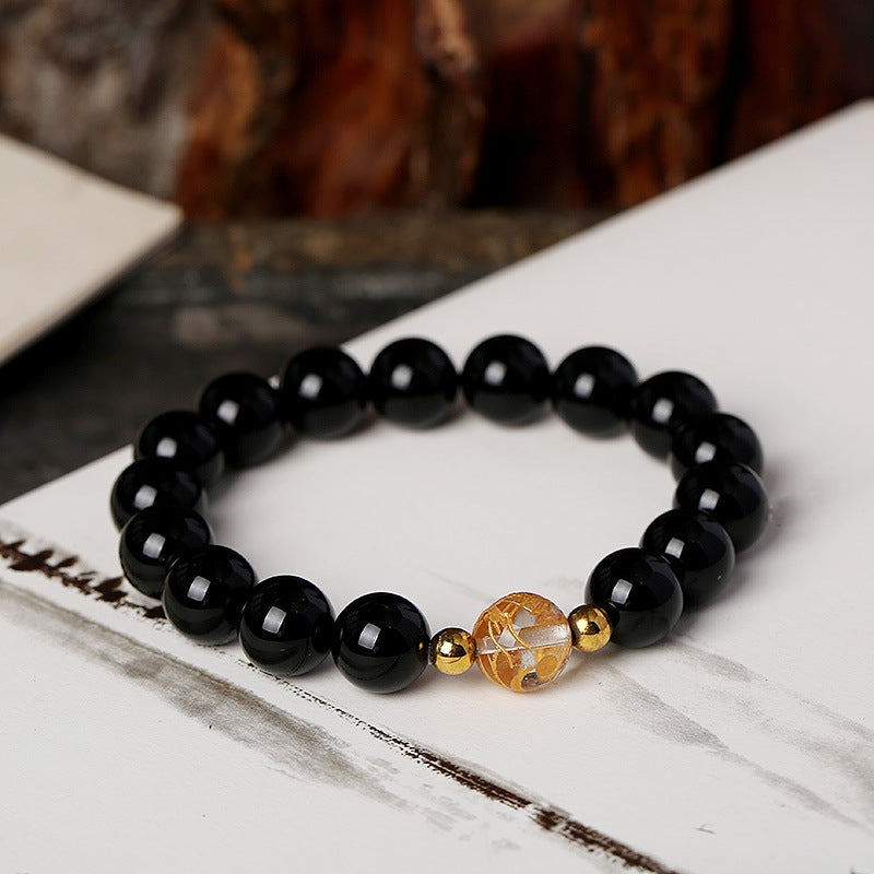 Buddha Stones Natural Black Obsidian White Crystal Black Onyx Dragon Strength Bracelet