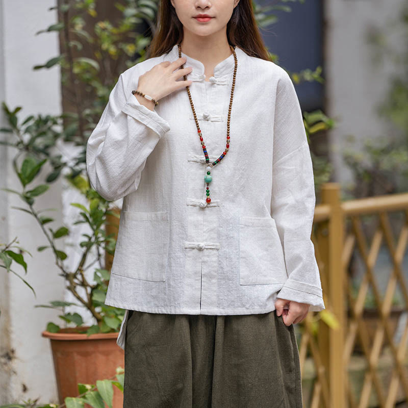 Buddha Stones Frog-Button Design Shirt Tai Chi Meditation Top Clothing Ramie Linen Jacket