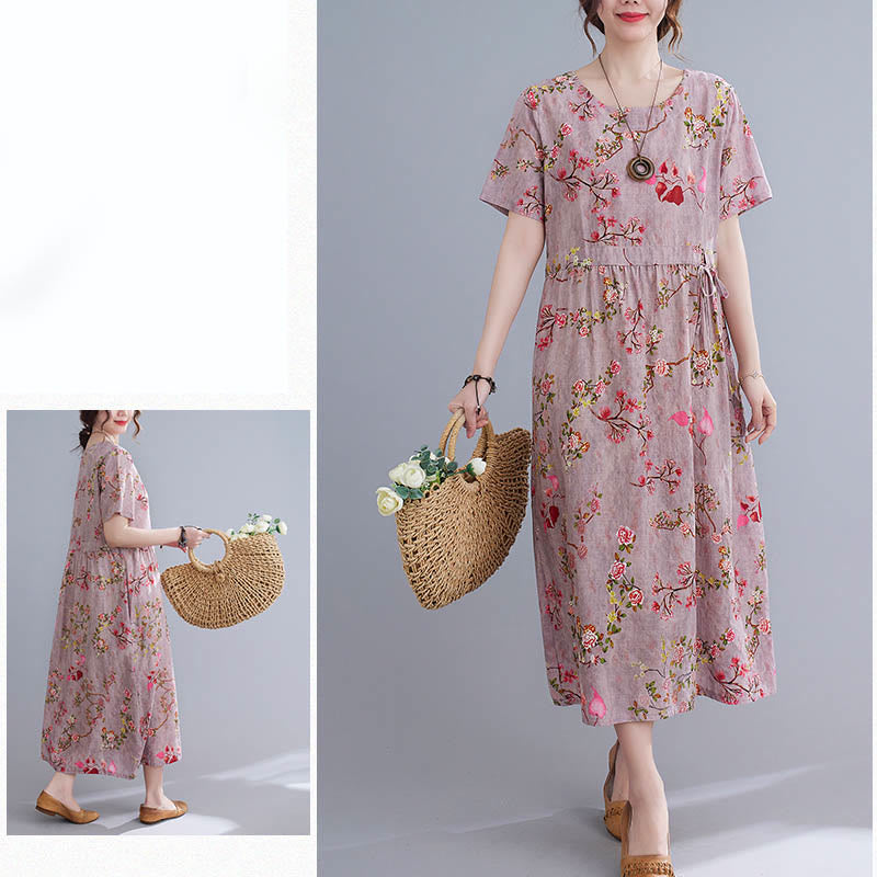 Buddha Stones Flowers Print Midi Dress Cotton Linen Tunic Dress With Pockets