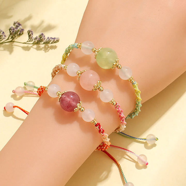 Buddha Stones Strawberry Quartz Pink Crystal Prehnite White Agate Bead Healing Rope Bracelet