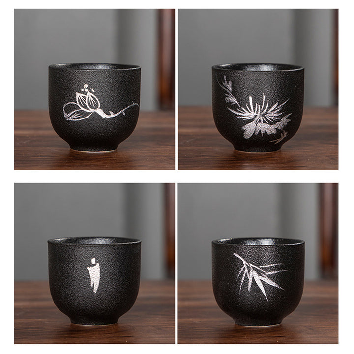 Buddha Stones Hand Painted Lotus Flower Bamboo Chrysanthemum Black Pottery Ceramic Teacup Kung Fu Tea Cup 95ml