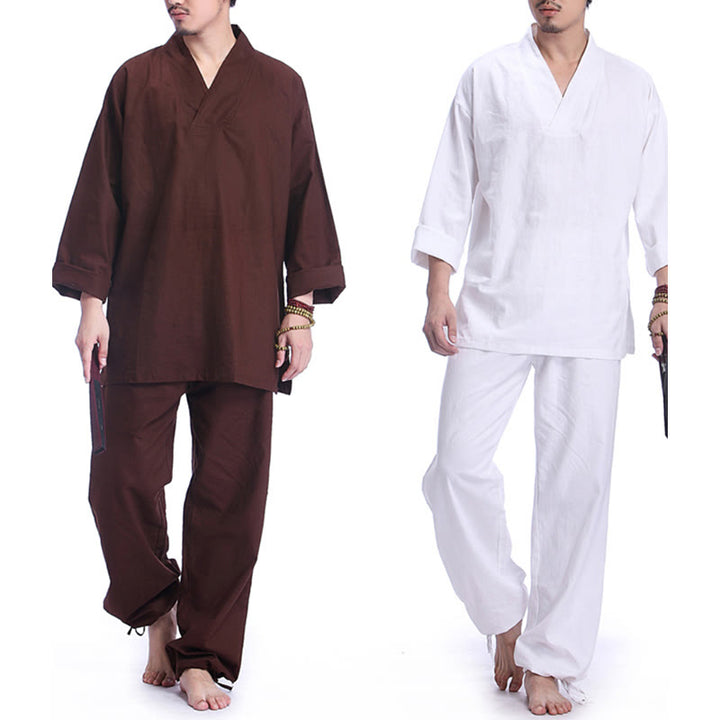 Buddha Stones Meditation Prayer V-neck Design Cotton Linen Spiritual Zen Practice Yoga Clothing Men's Set - image 19