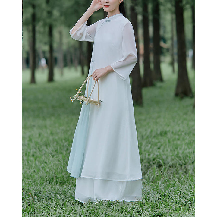 Buddha Stones Three Quarter Sleeve Chiffon Cheongsam Midi Dress Wide Leg Pants Meditation Zen Practice Clothing