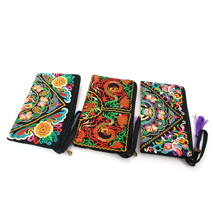 Buddha Stones Dragon Butterfly Cosmos Flower Embroidery Wallet Shopping Purse