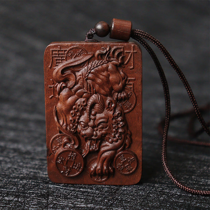 Buddha Stones Natural Lightning Struck Jujube Wood PiXiu Copper Coin Good Fortune Necklace Pendant