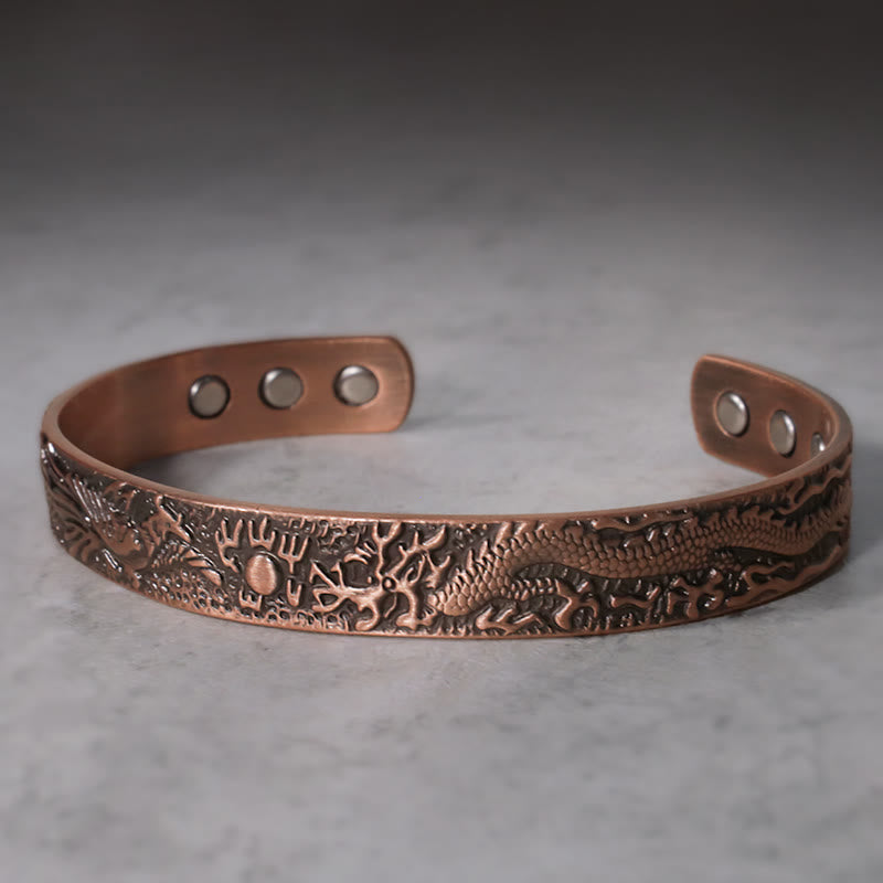 Buddha Stones Dragon Phoenix Magnetic Solid Copper Cuff Bracelet Bangle - image 1