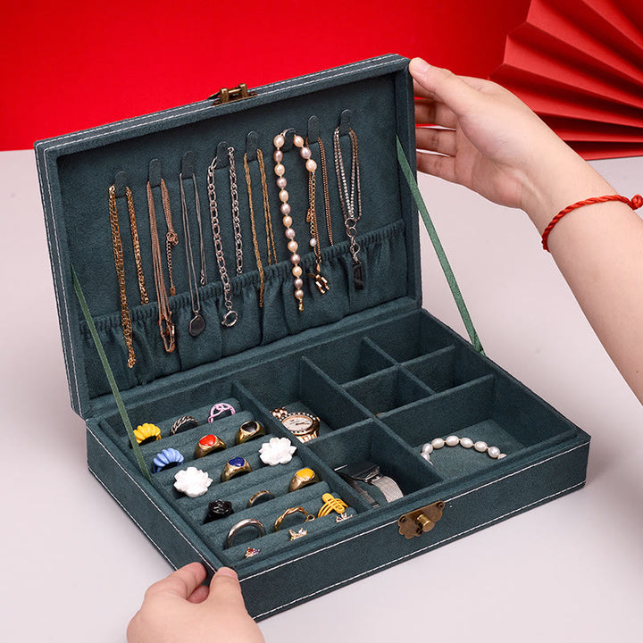 Buddha Stones Simple Design Jewelry Box Organizer Single Layer Flannel Jewelry Storage Box With Lock - Dark Green28cm*19cm*6.5cm - image 2