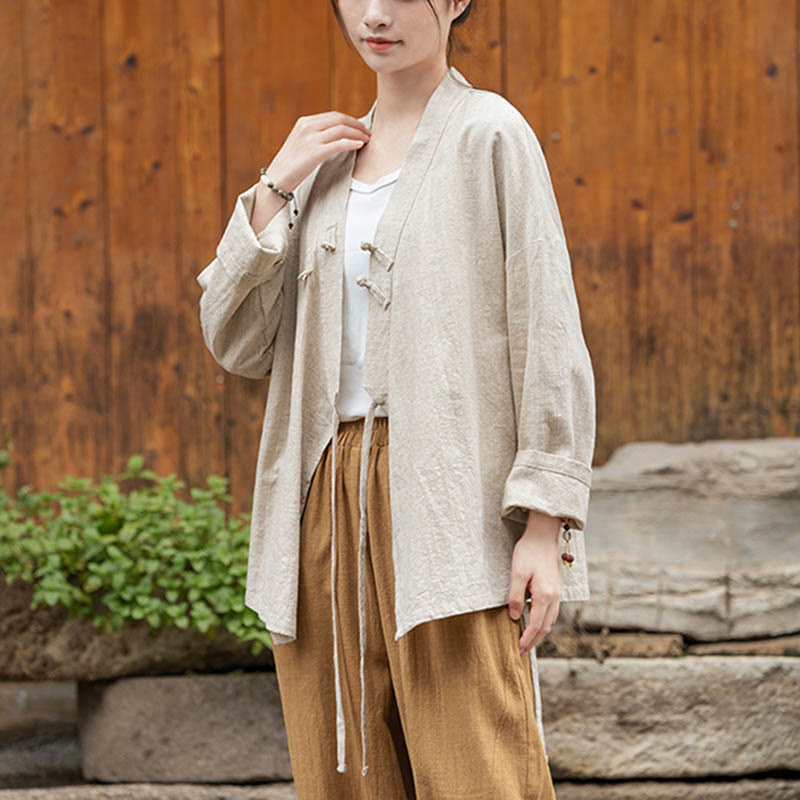 Buddha Stones Frog-Button Hanfu Design Shirt Top Ramie Linen Jacket