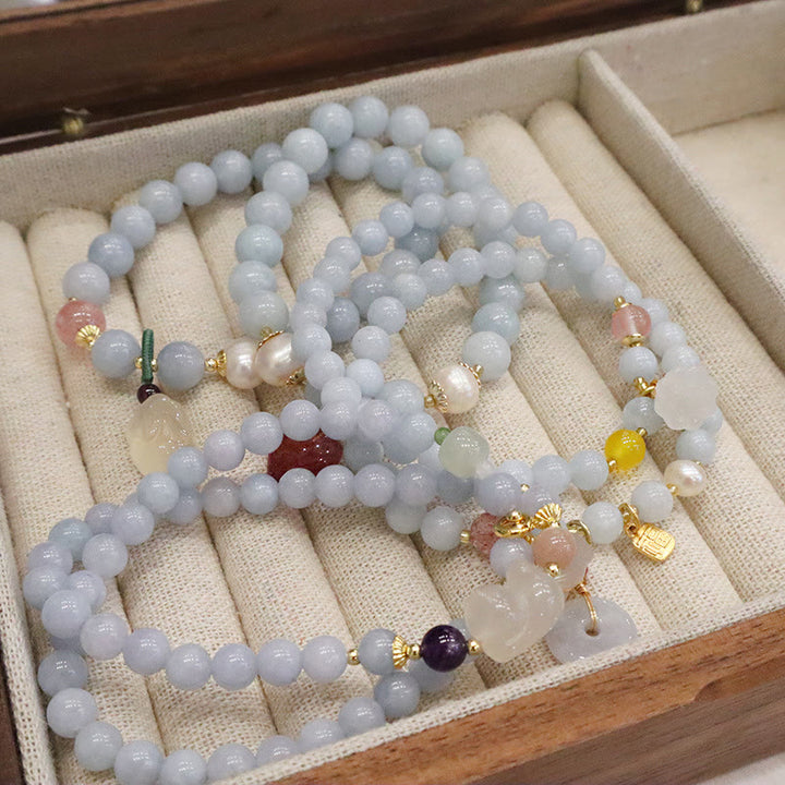 Buddha Stones Natural Aquamarine Chalcedony Serenity Rabbit Gourd Cat Charm Bracelet - image 15