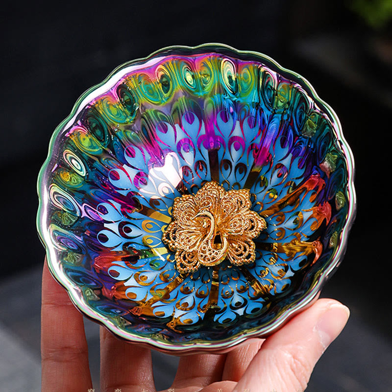 Buddha Stones Vivid Peacock Lotus Inlaid Design Colorful Chinese Jianzhan Ceramic Teacup Kung Fu Tea Cup