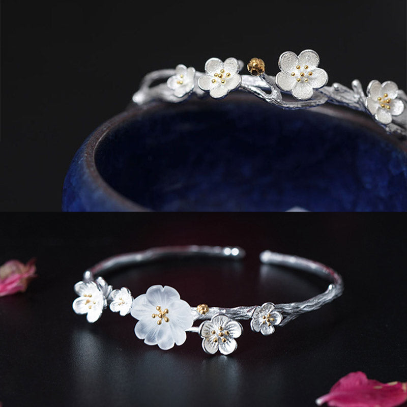 Buddha Stones 925 Sterling Silver Plum Flower Blessing Bracelet Adjustable Bangle - image 13
