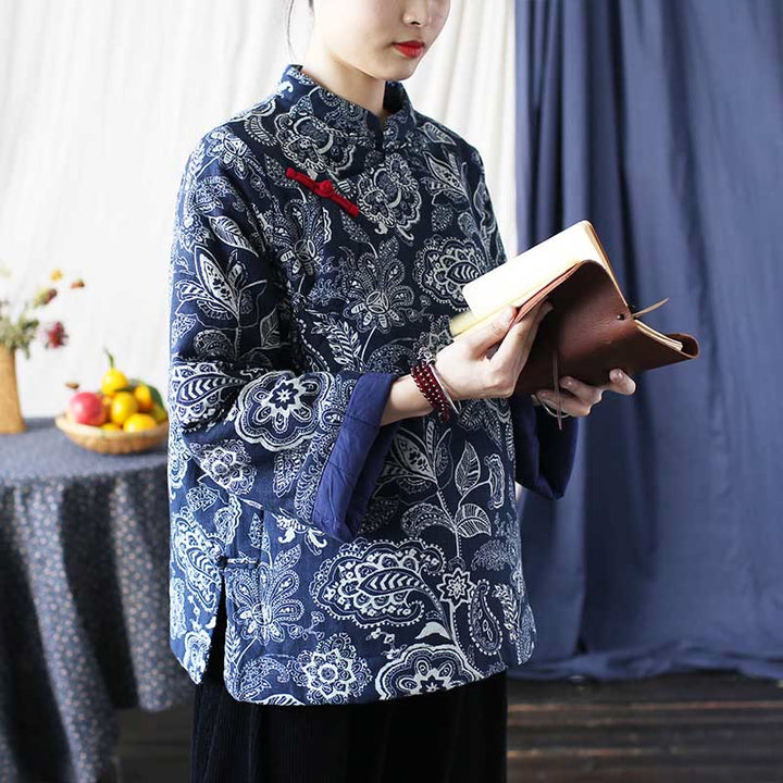 Buddha Stones Flowers Cotton Linen Jacket Shirt Chinese Northeast Style Winter Clothing