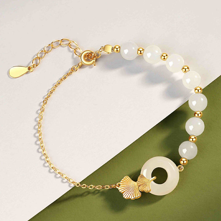 Buddha Stones 925 Sterling Silver Hetian White Jade Peace Buckle Ginkgo Leaf Luck Bracelet - image 6