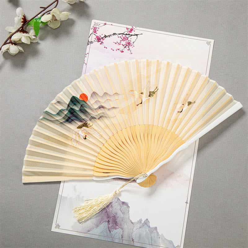 Buddha Stones Flying White Crane Sun Cloud Handheld Silk Bamboo Folding Fan 22cm