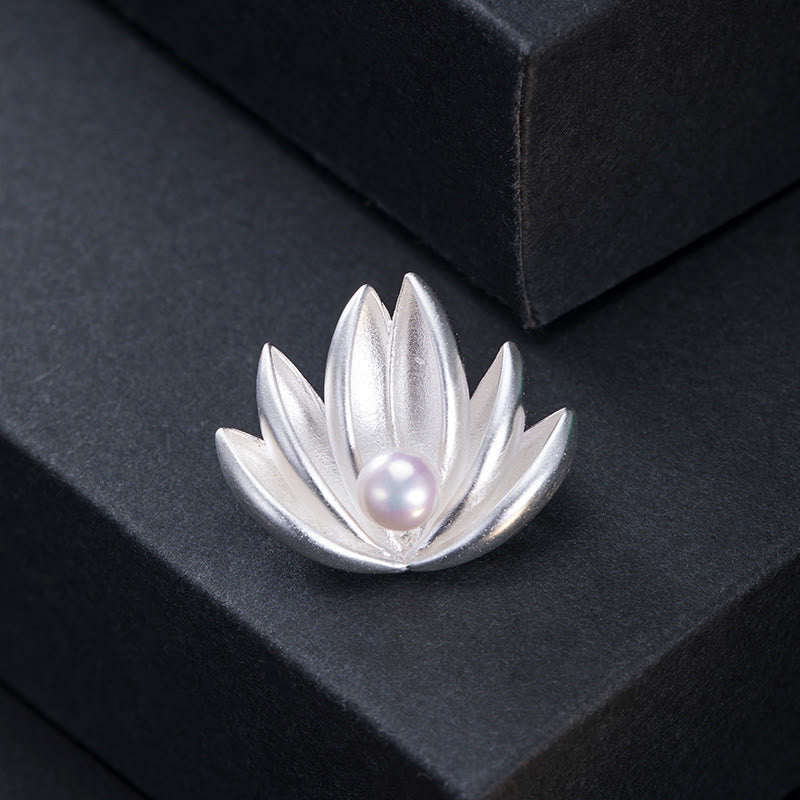 Buddha Stones 925 Sterling Silver Lotus Flower Pearl New Beginning Brooch