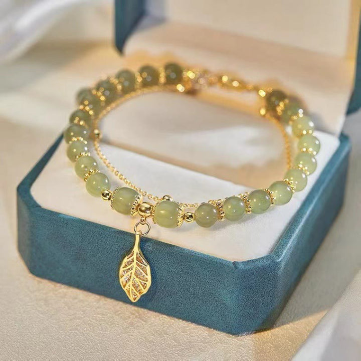 Buddha Stones Jade Leaf Ginkgo Tulip Peanut Fu Character Luck Beaded Bracelet - Golden Leaf&Jade - image 0