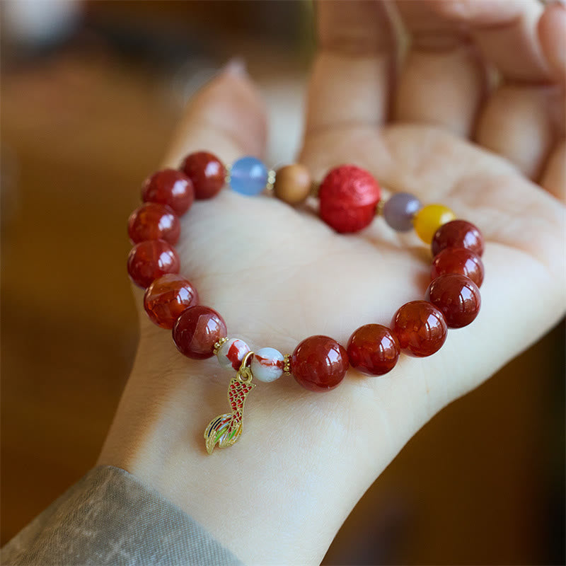 Buddha Stones Natural Red Agate Peace Talisman Fu Character Dragon Tail Confidence Charm Bracelet