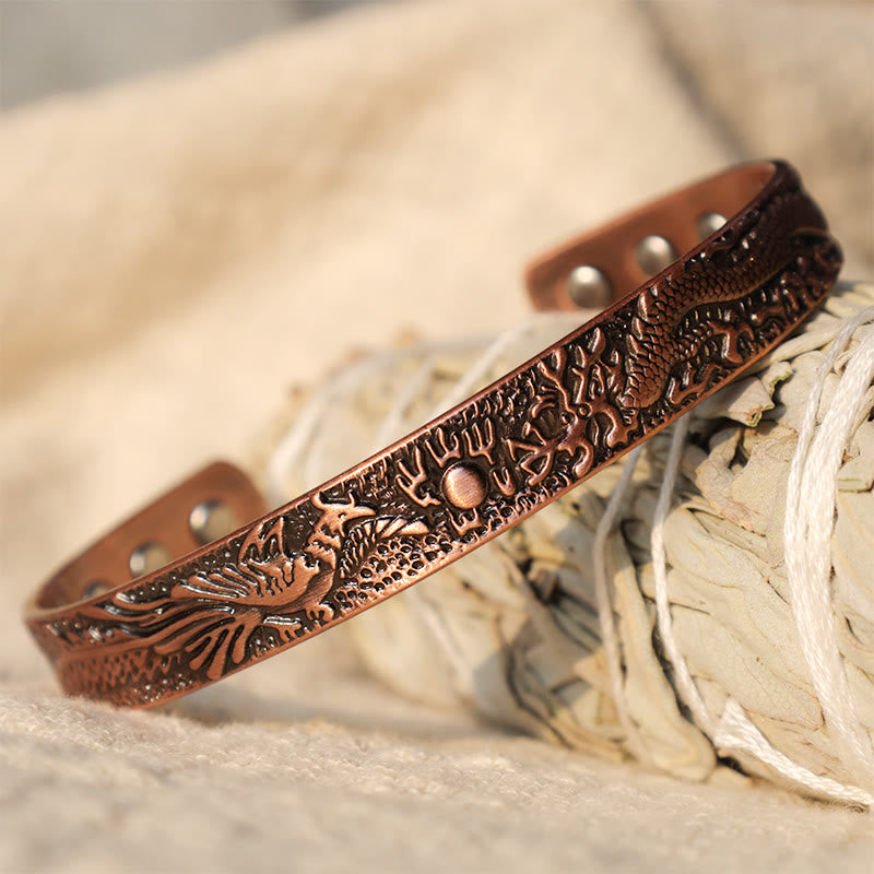 Buddha Stones Dragon Phoenix Magnetic Solid Copper Cuff Bracelet Bangle - image 2