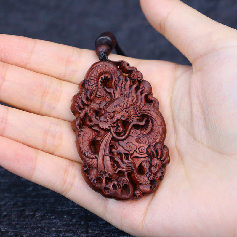 Buddha Stones Lightning Struck Jujube Wood Double Dragon Relief Ward Off Evil Spirits Necklace Pendant