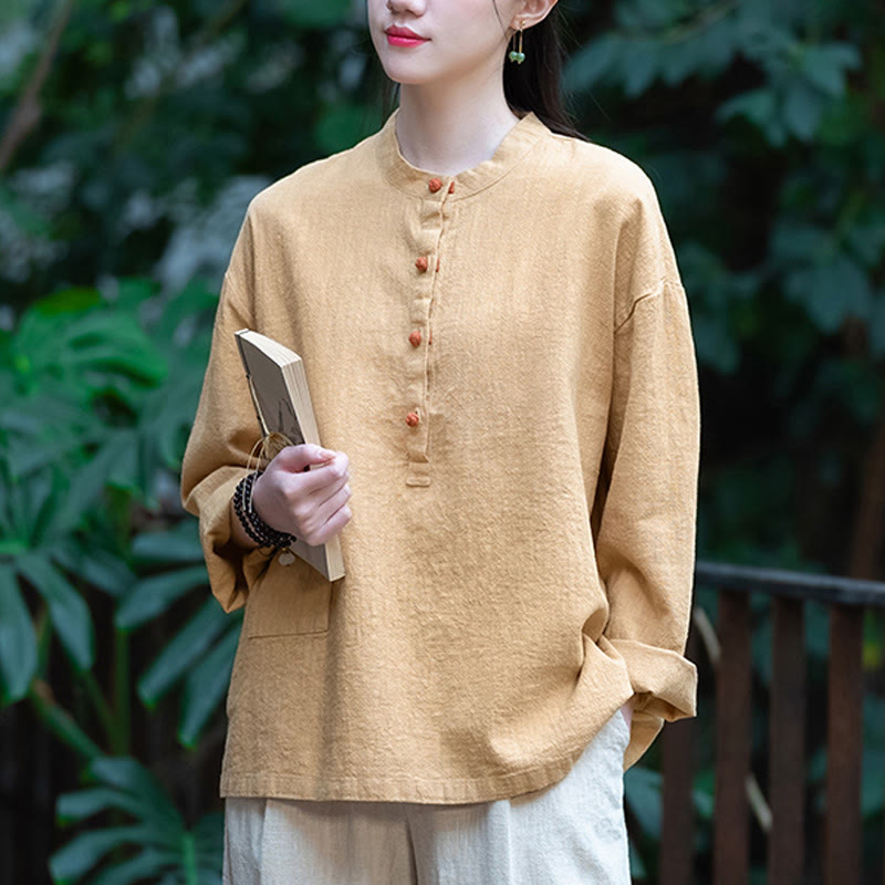 Buddha Stones Solid Color Loose Button Blouse Long Sleeve Shirt Top