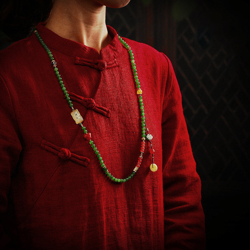 Buddha Stones 108 Mala Beads Cyan Jade Red Agate Laughing Buddha Luck Bracelet - image 5