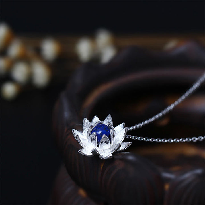 Buddha Stones 925 Sterling Silver Lazurite Lotus Flower Self Care Necklace Pendant - 925 Sterling Silver&Lazurite - image 0