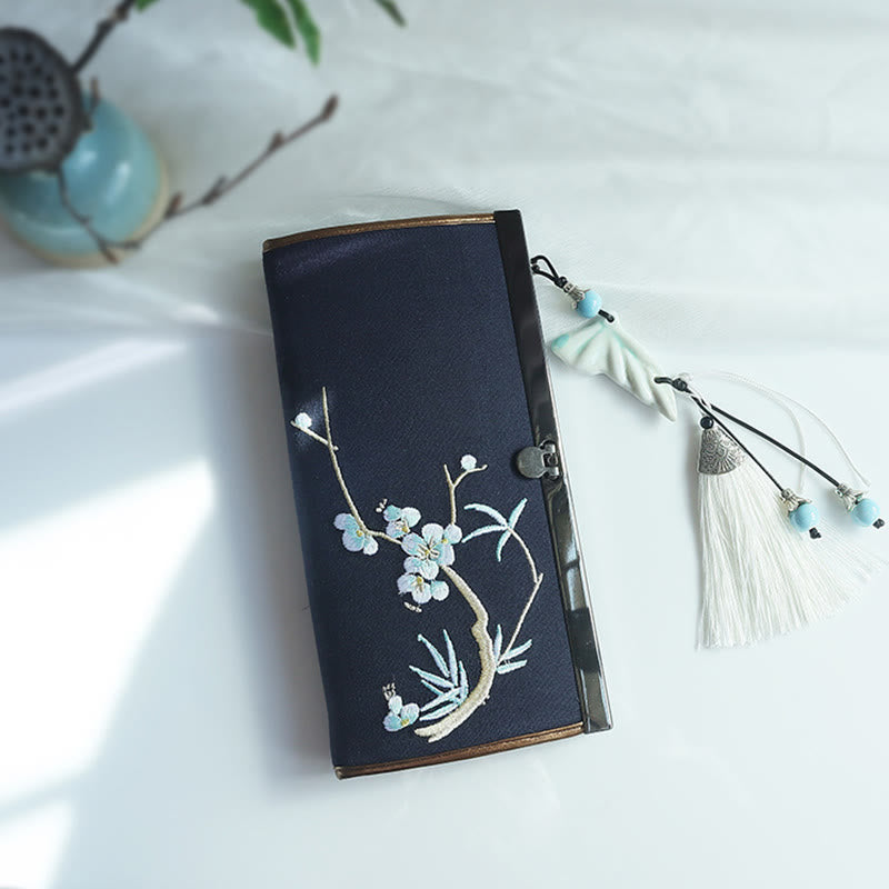 Buddha Stones Flower Plum Peach Blossom Bamboo Double-sided Embroidery Large Capacity Cash Holder Wallet Shopping Purse - Navy Blue Plum Bamboo - image 22