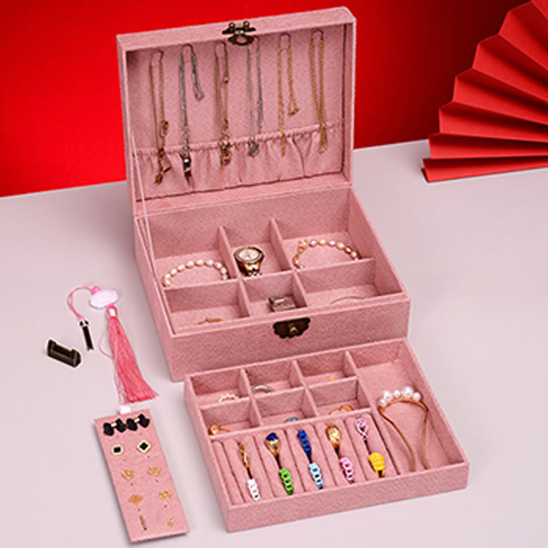 Buddha Stones Simple Design Jewelry Box Organizer Two-Layer Jewelry Storage Box Flannel Box With Lock - image 16