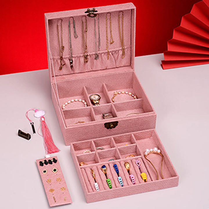 Buddha Stones Simple Design Jewelry Box Organizer Two-Layer Jewelry Storage Box Flannel Box With Lock - image 16