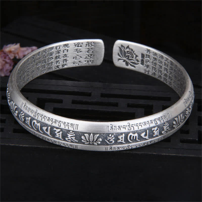 999 Sterling Silver Om Mani Padme Hum Heart Sutra Lotus Peace Bracelet Bangle - image 1