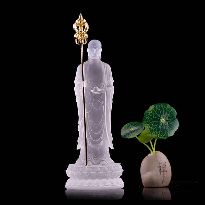 Buddha Stones Handmade Ksitigarbha Bodhisattva Figurine Liuli Crystal Art Piece Serenity Statue Home Decoration - White 7.8*7.8*20cm - image 3