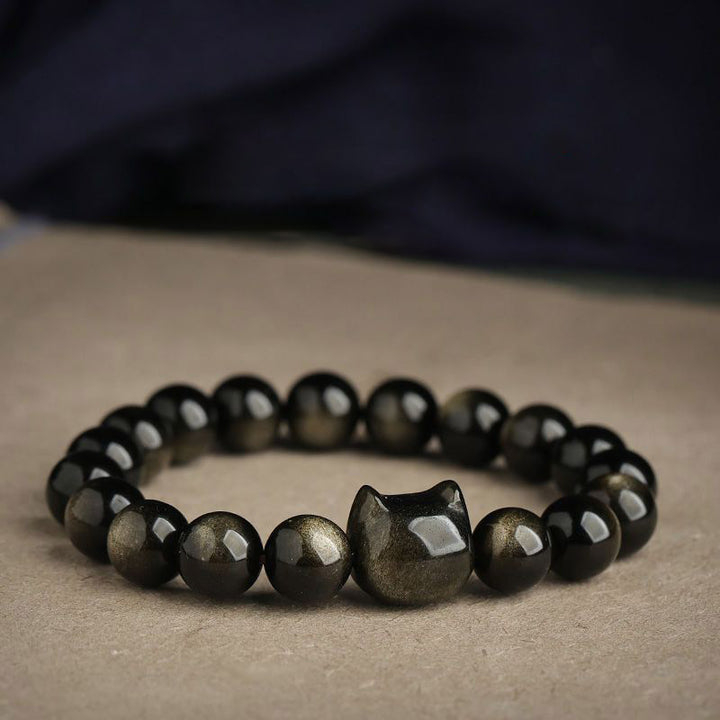 Buddha Stones Gold Sheen Obsidian Silver Sheen Obsidian Lovely Paw Lucky Cat Protection Bracelet - image 1