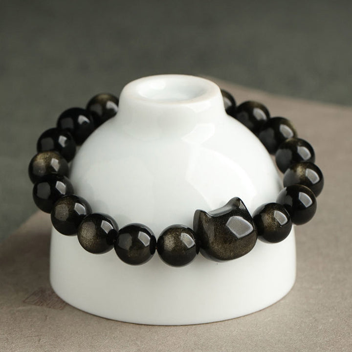 Buddha Stones Gold Sheen Obsidian Silver Sheen Obsidian Lovely Paw Lucky Cat Protection Bracelet - image 2