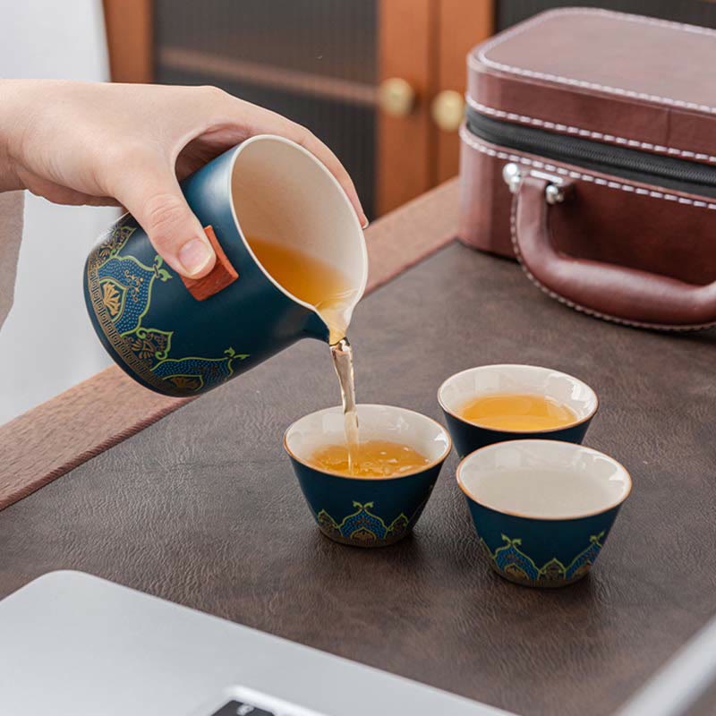 Buddha Stones Flower Chinese Gongfu Ceramic Teapot Portable Outdoor Travel Tea Set Bag