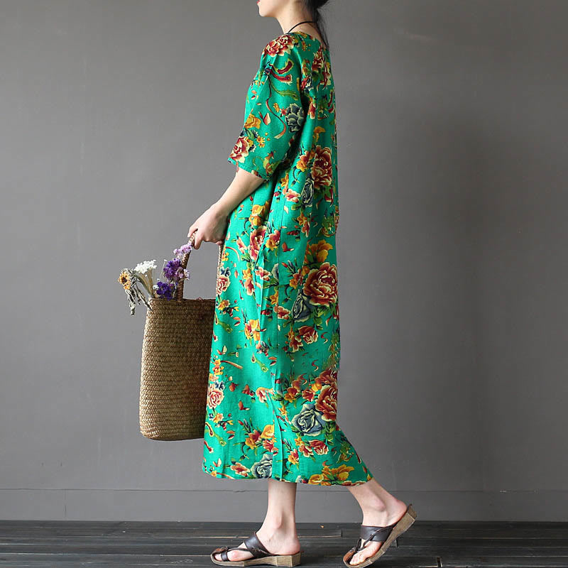 Buddha Stones Red Peony Flowers Printed Midi Dress Half Sleeve Cotton Linen Dress