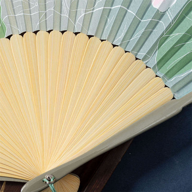 Buddha Stones Lotus Begonia Flower Jasmine Handheld Silk Bamboo Folding Fan 21cm