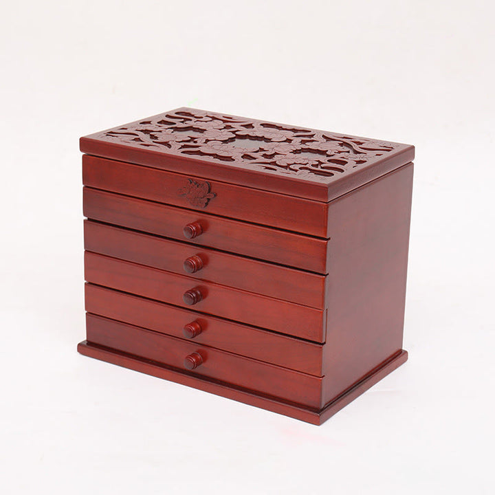 Buddha Stones Large Capacity Vintage Flowers Carved Wooden Jewelry Box Six-Layer Jewelry Storage Box - image 3