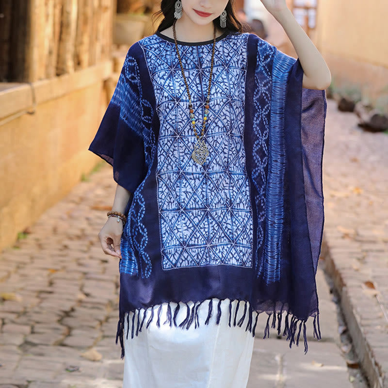 Buddha Stones Blue Stripe Geometry Indigo Dyeing Shawl Tassels Travel Pullover 90*95cm