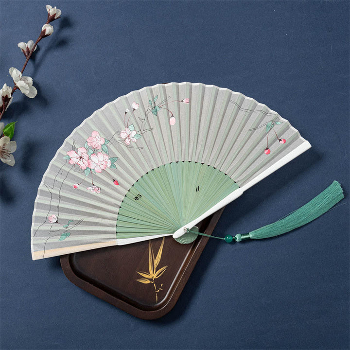 Buddha Stones Lotus Begonia Flower Jasmine Handheld Silk Bamboo Folding Fan 21cm