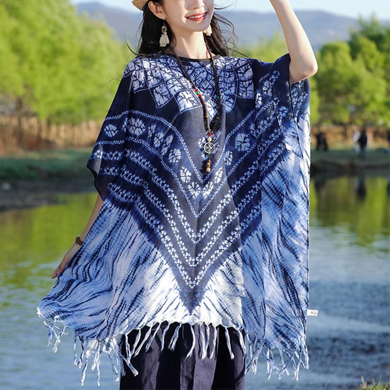 Buddha Stones Blue Striped Floral Indigo Dyeing Shawl Tassels Cozy Pullover 90*95cm