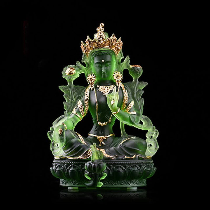 Bodhisattva Green Tara Handmade Liuli Crystal Art Piece Protection Home Office Statue Decoration