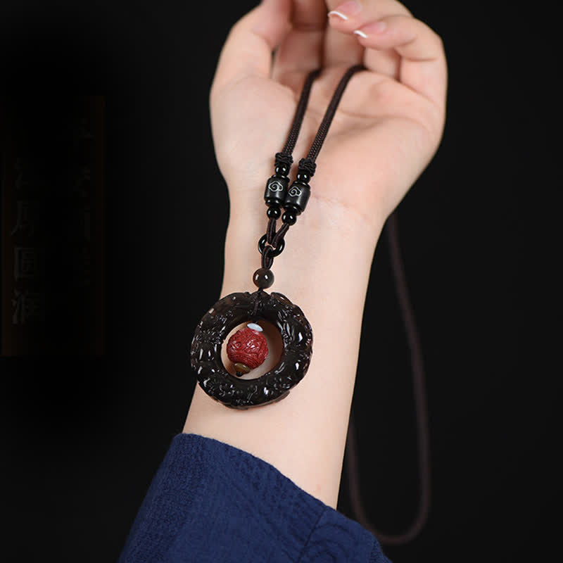 FengShui Natural Rainbow Obsidian PiXiu Cinnabar Healing Necklace Pendant