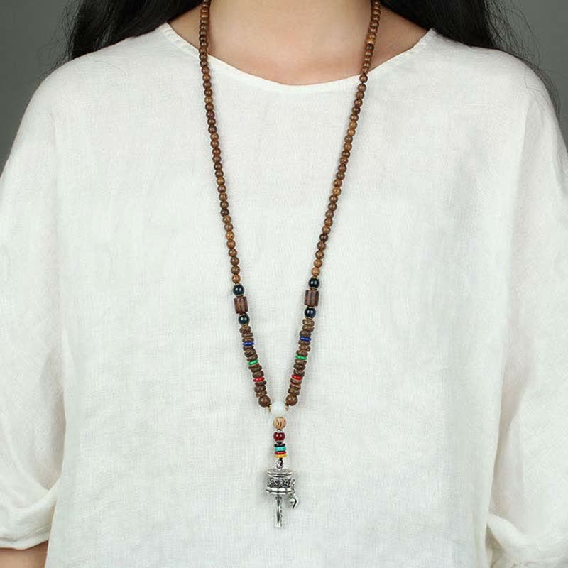 Buddha Stones Tibetan Om Mani Padme Hum Prayer Wheel Rotation Vajra Wood Necklace Pendant - image 15
