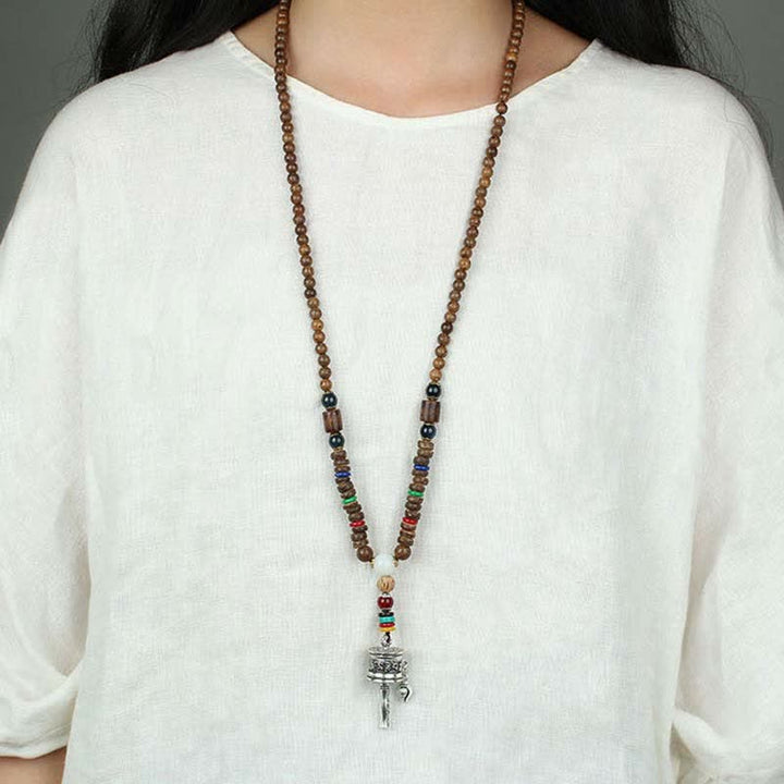 Buddha Stones Tibetan Om Mani Padme Hum Prayer Wheel Rotation Vajra Wood Necklace Pendant - image 15