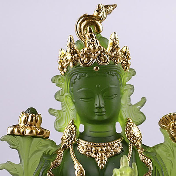 Bodhisattva Green Tara Handmade Liuli Crystal Art Piece Protection Home Office Statue Decoration